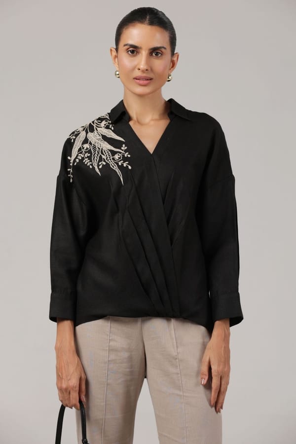 Black Embroidered Wrap-Style Cotton Shirt — Truly SMA