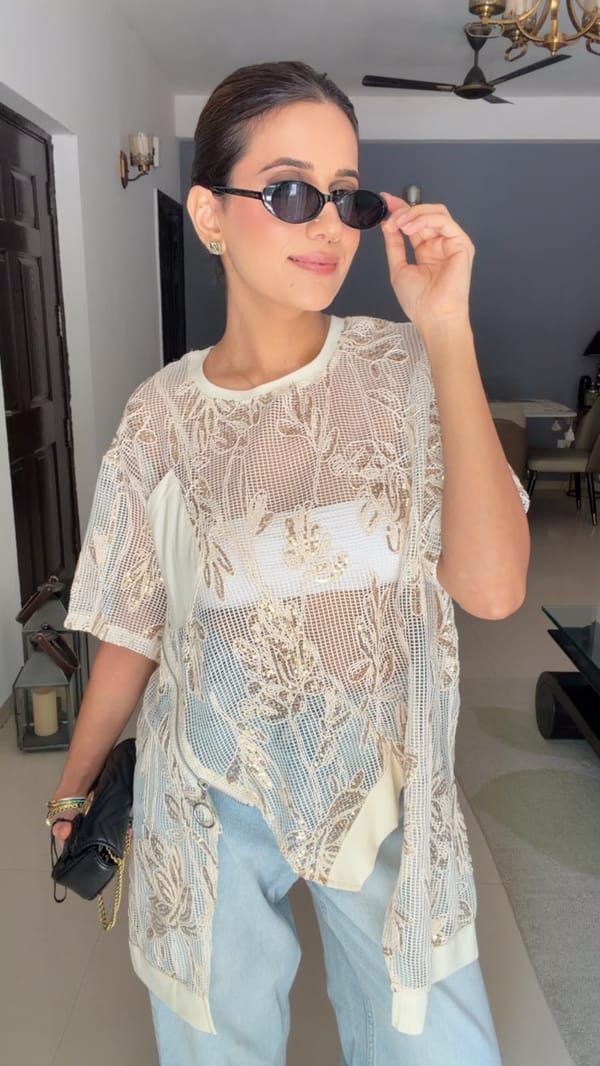 Beige Lace Embroidered Oversized Top — CLOSET AFFAIR