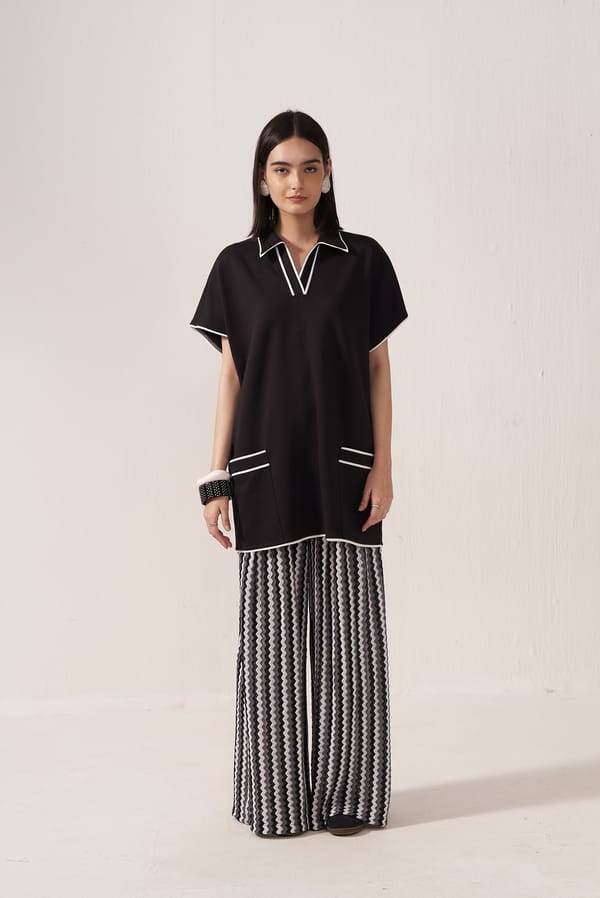 Black and White Tunic Top and Geometric Pants Co-ord Set — Muvazo