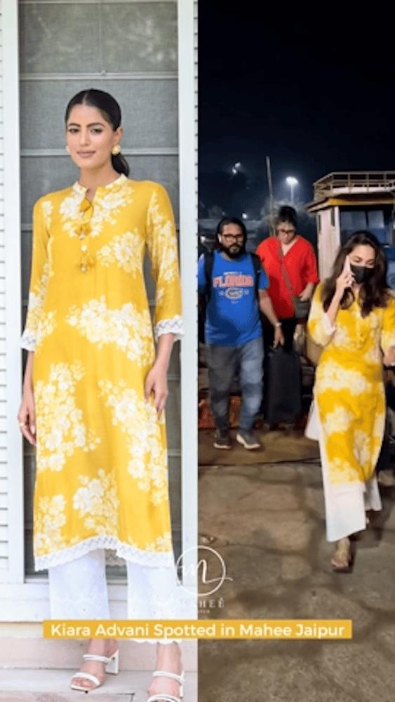Kiara Advani in Yellow Bloom Muslin Kurti with Alluring lace and Schiffli pants-SET OF-2 — MAHEE JAIPUR