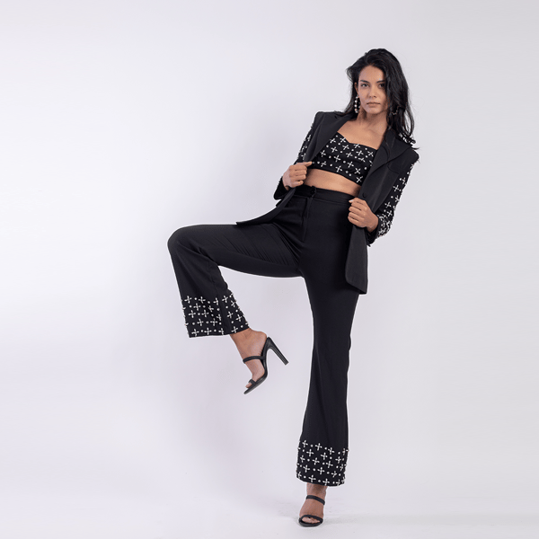 Black High-Waist Flared Trousers with Rhinestone Hem — MAGIA