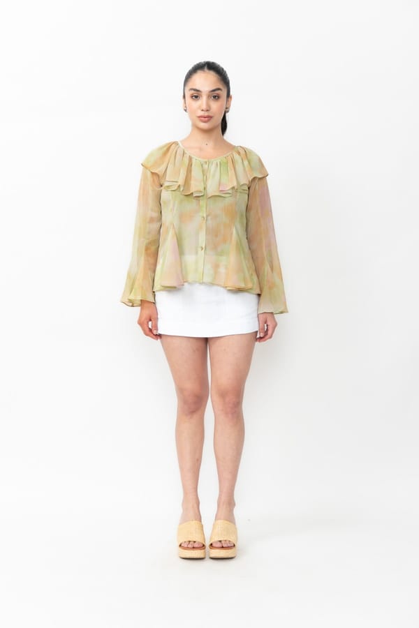 Green Abstract Print Chiffon Ruffle Yoke Blouse — Contemponari