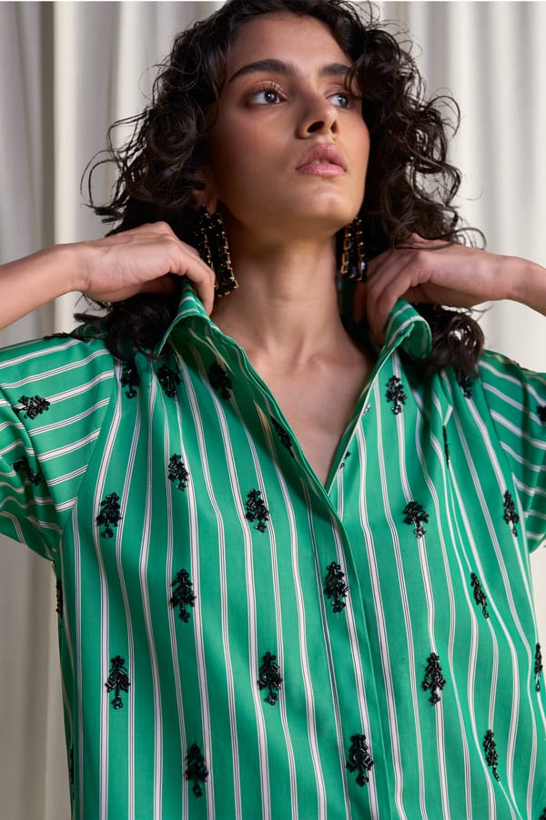 Motif Bead Embroidered Stripe Shirt — Dash and Dot