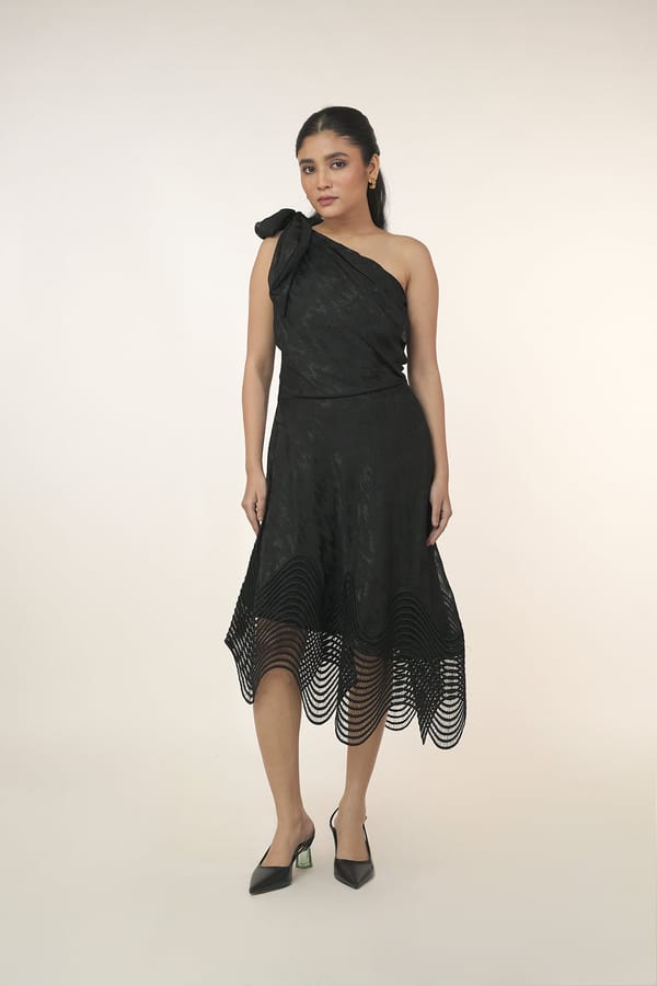 Black One-Shoulder Tie-Up Midi Dress with Lace Hem — 9899
