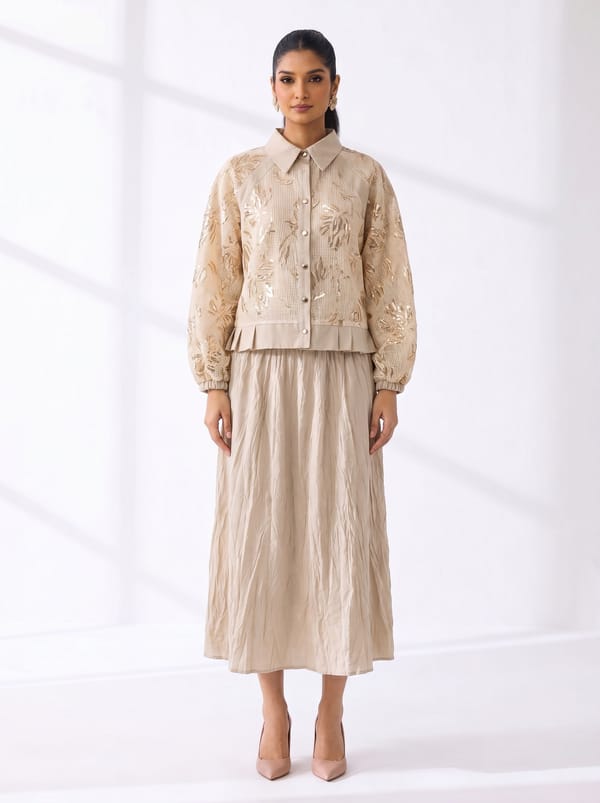Beige Embellished Shirt and A-Line Midi Skirt Co-ord Set — THE LUXURY DRESSING