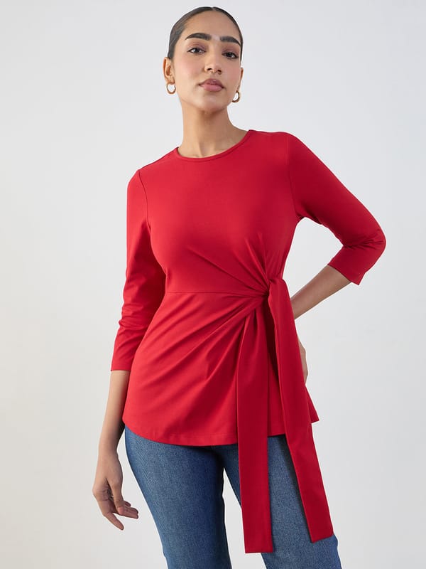 TrueStretch Cotton Red Tie-Up Top — Femmella