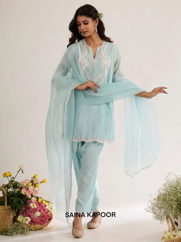 Ice Blue Chanderi Short Kurta Salwar Suit with Aari Work — SAINA KAPOOR