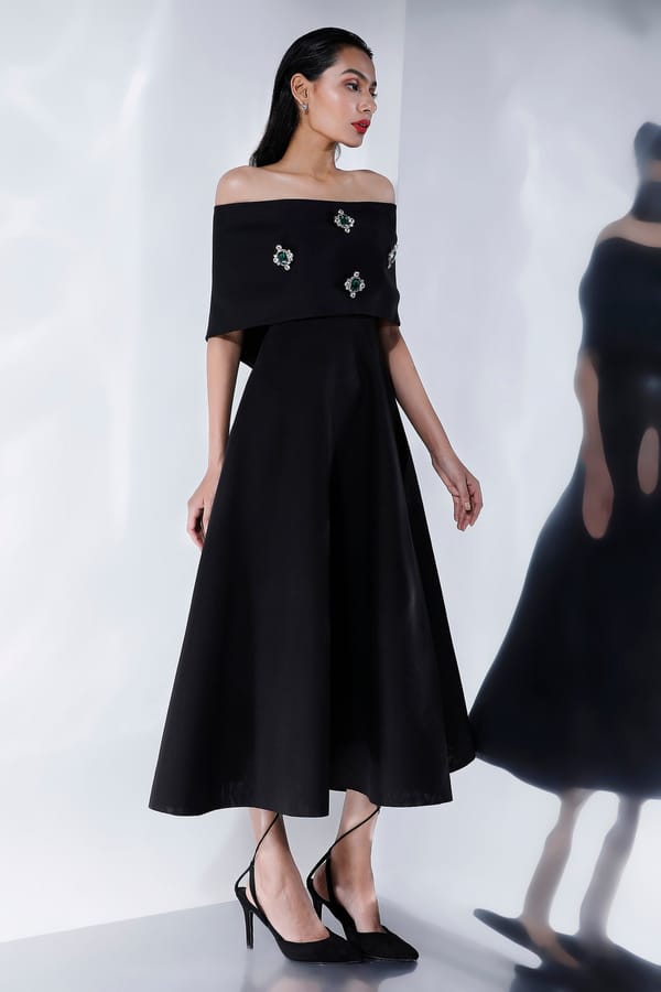 Black Strapless Fit and Flare Midi Dress with Studded Wrap — OZEQO