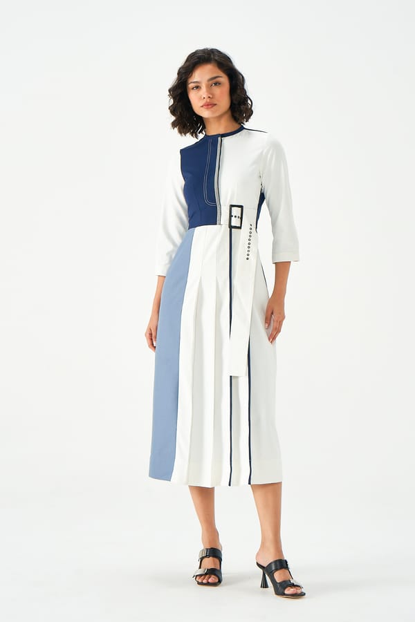 Navy White and Stone Blue Colorblocked Belted Midi Dress — NOTEBOOK