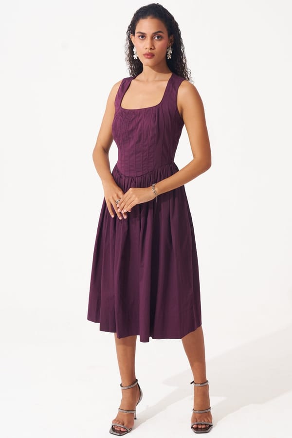 Wine Cotton Corset Dress with Gathers — Western Era