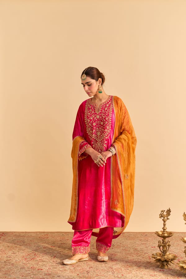 Hotpink Velvet Embroidered Kurta Set with Salwar — Sheetal Batra