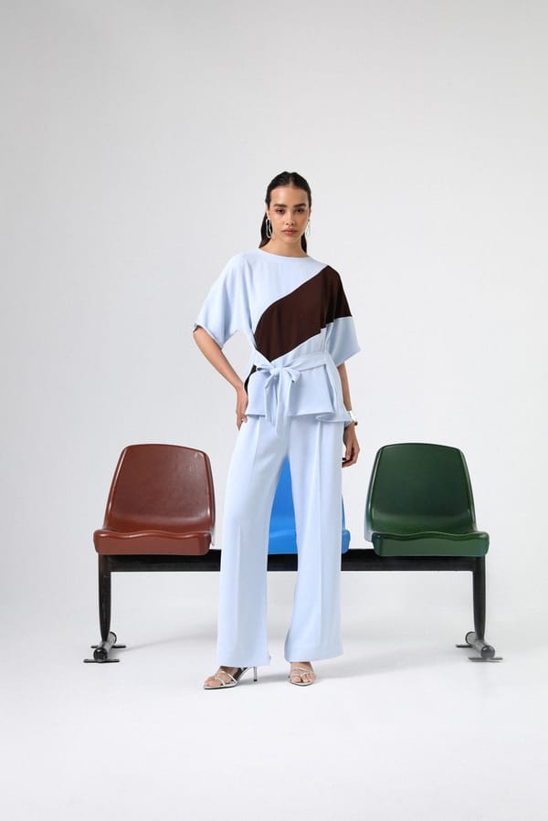 Pale Blue and Brown Colorblocked Co-ord Set — Shivya K