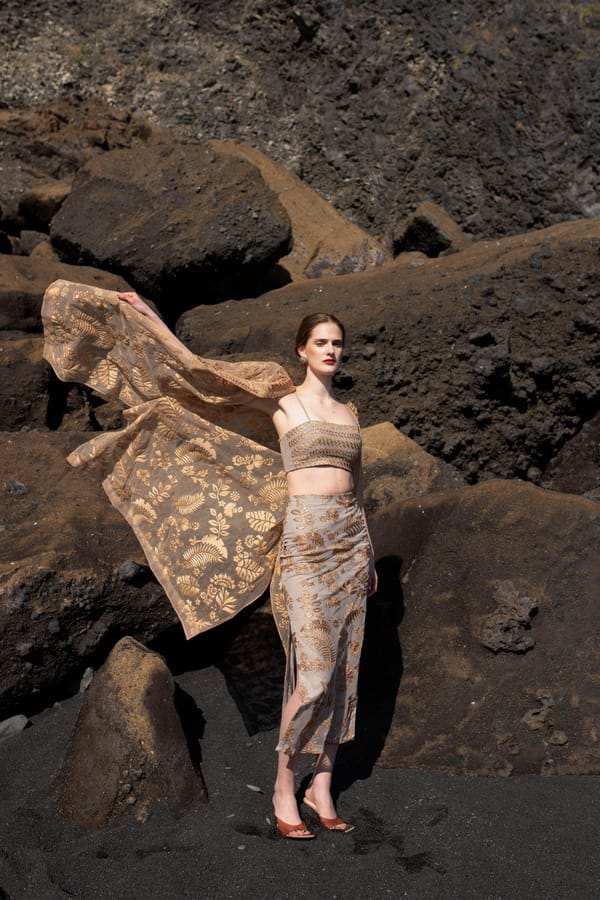 Copper Sheer Metallic-Embroidered Longline Cape — Dash and Dot