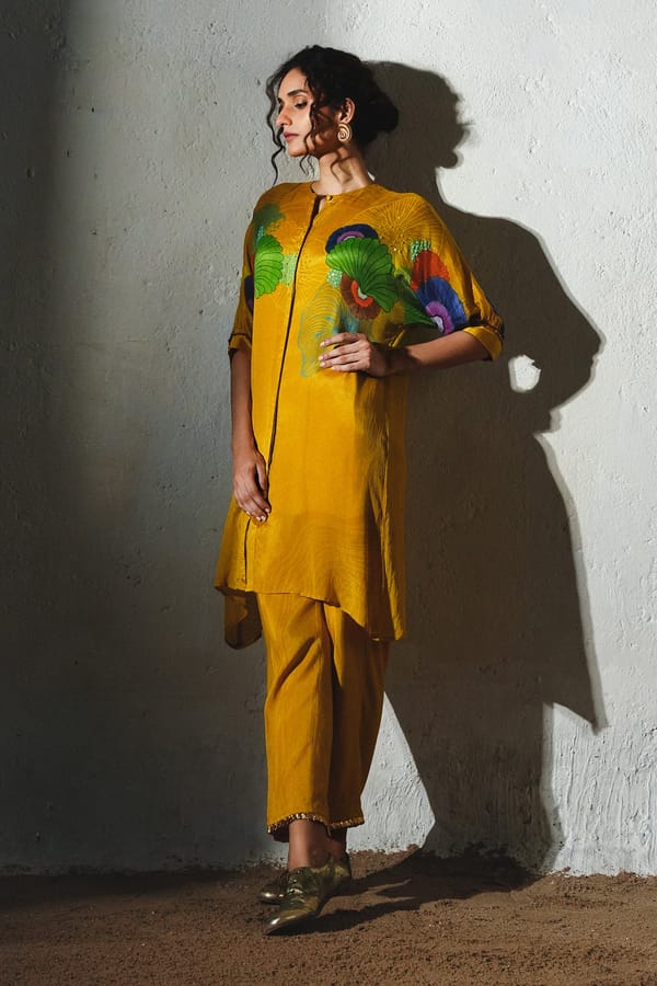 Yellow Printed Straight Kurta Set with Keyhole Neck — Basil Leaf