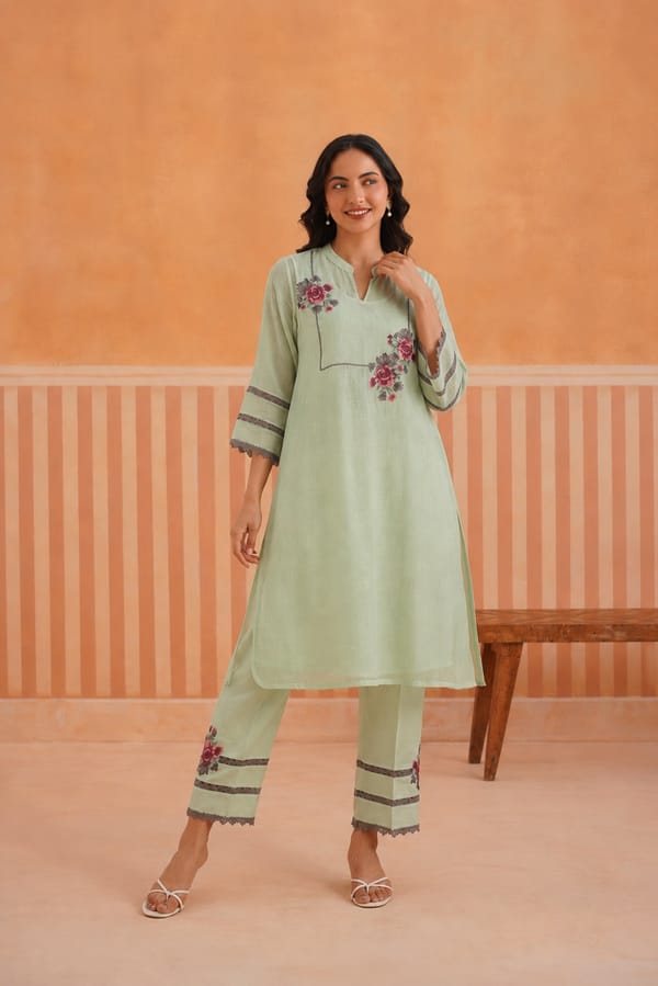 Sage Green Embroidered Mul Chanderi Kurta Set — Omi Clothing