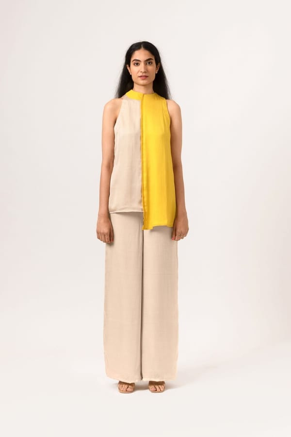 Ecru Yellow Colorblock Halter Neck Longline Blouse — Neora