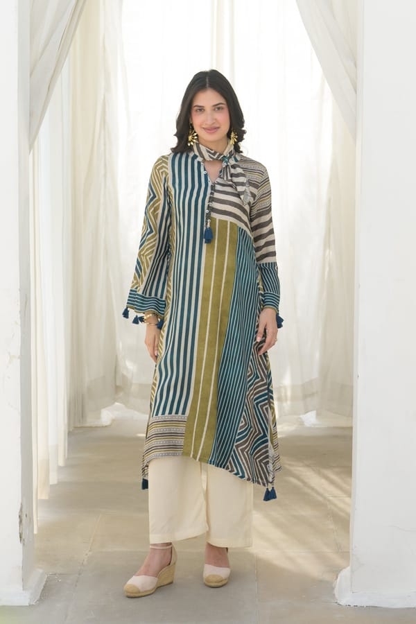 Mustard and Green Stripes Muslin A Line Kurta Set-SET OF-2 — MAHEE JAIPUR