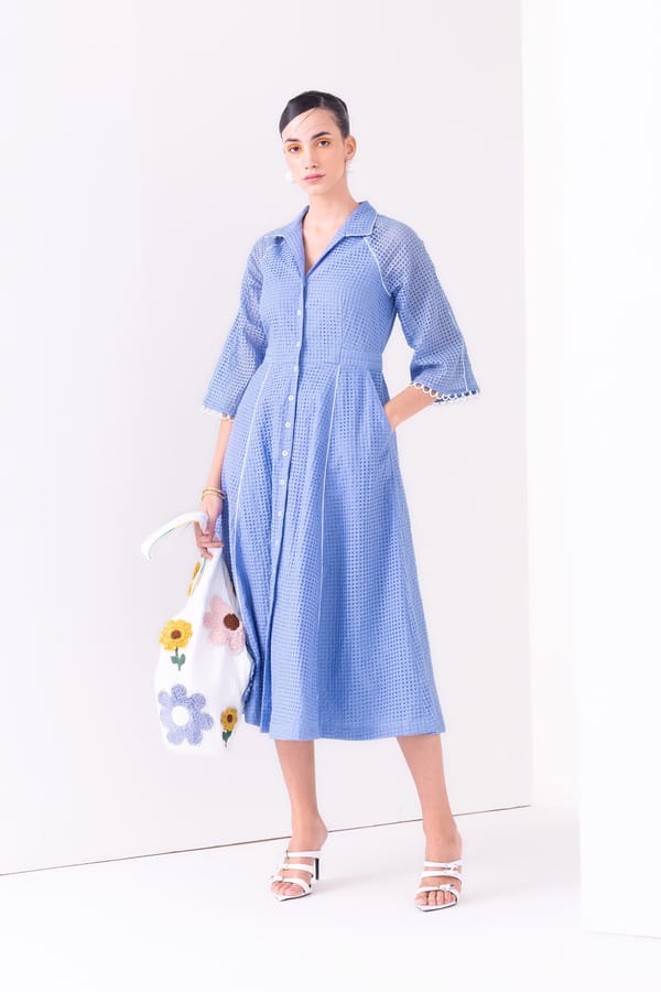 Blueberry Dobby Button-Down Fit and Flare Midi Dress — Our Love