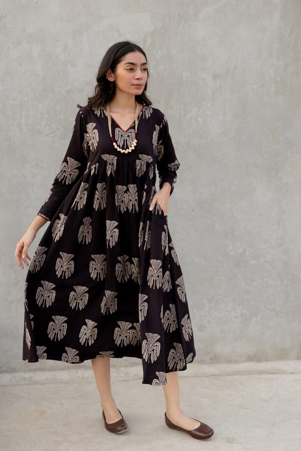Black Block Print Fit and Flare Maxi Dress — Vraj Bhoomi