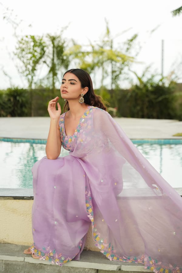 Pink Organza Saree with Floral Embroidered Border — Isha Sawhney