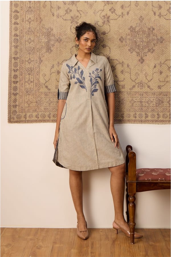 Beige & Blue Striped Embroidered Shirt Dress — Truly SMA
