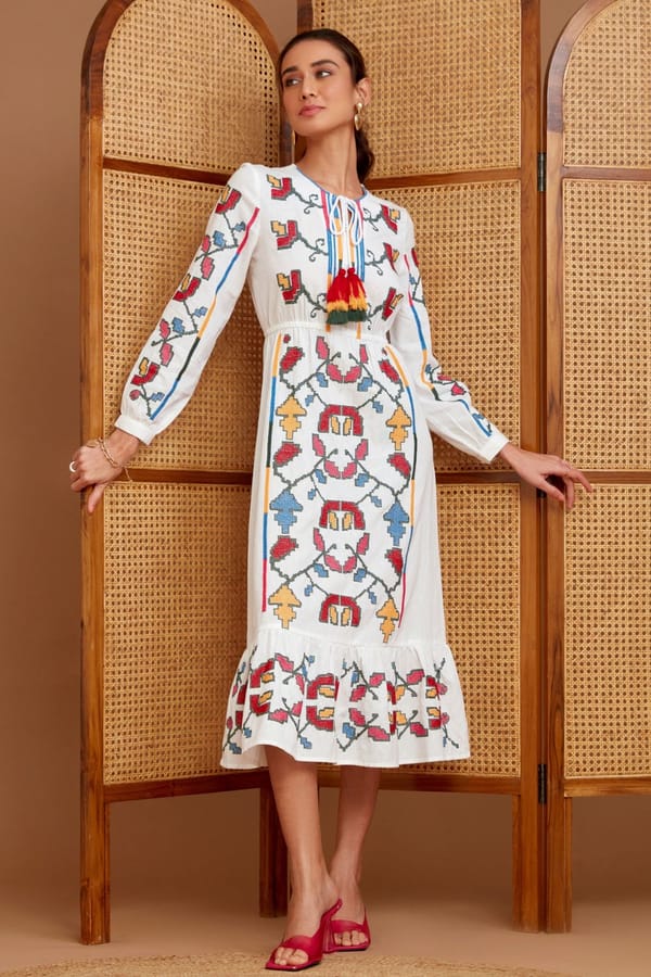 White Cotton Embroidered Tiered Midi Dress — BOHO-CHIC