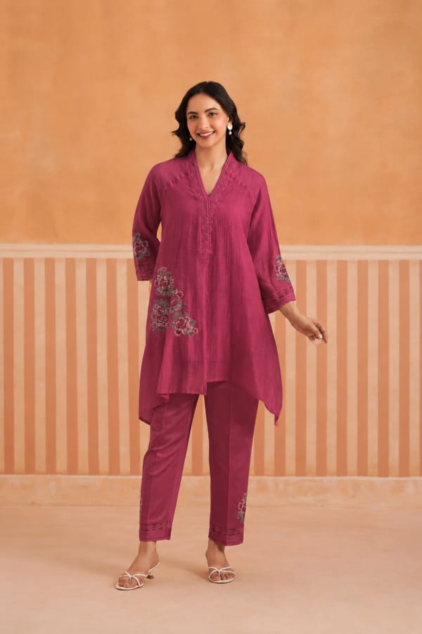 Asymmetric V-Neck Embroidered Tunic Set — Omi Clothing