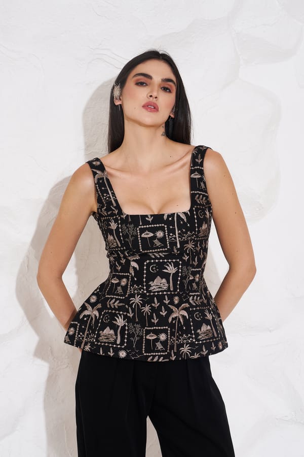 Black Embroidered Linen Peplum Top with Square Neck — Torqadorn