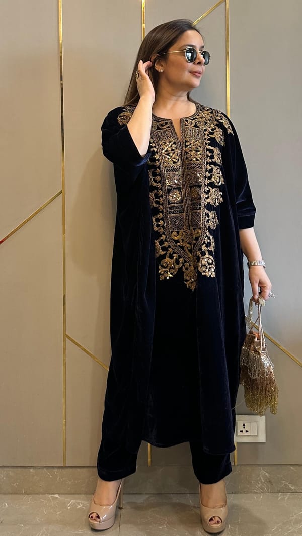 Navy Blue Velvet Hand-Embroidered Kaftan Co-ord — Kylee Fashions