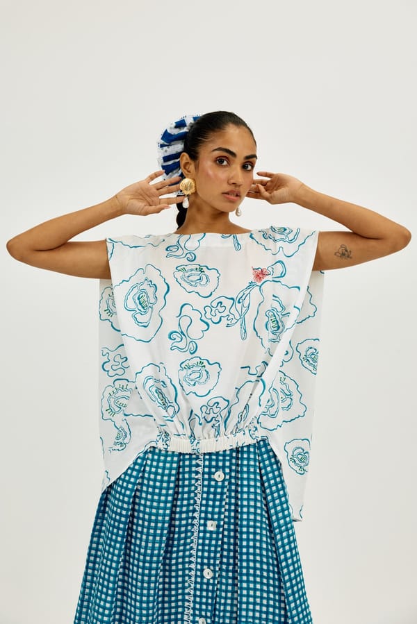 White Linen Satin Boxy Top with Blue Abstract Floral Print — JODI