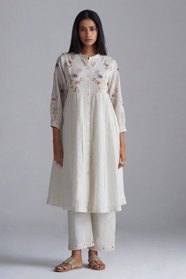 Ivory Mul-Mul Embroidered Kurta and Pant Co-ord Set — Ganga Fashions Pvt Ltd