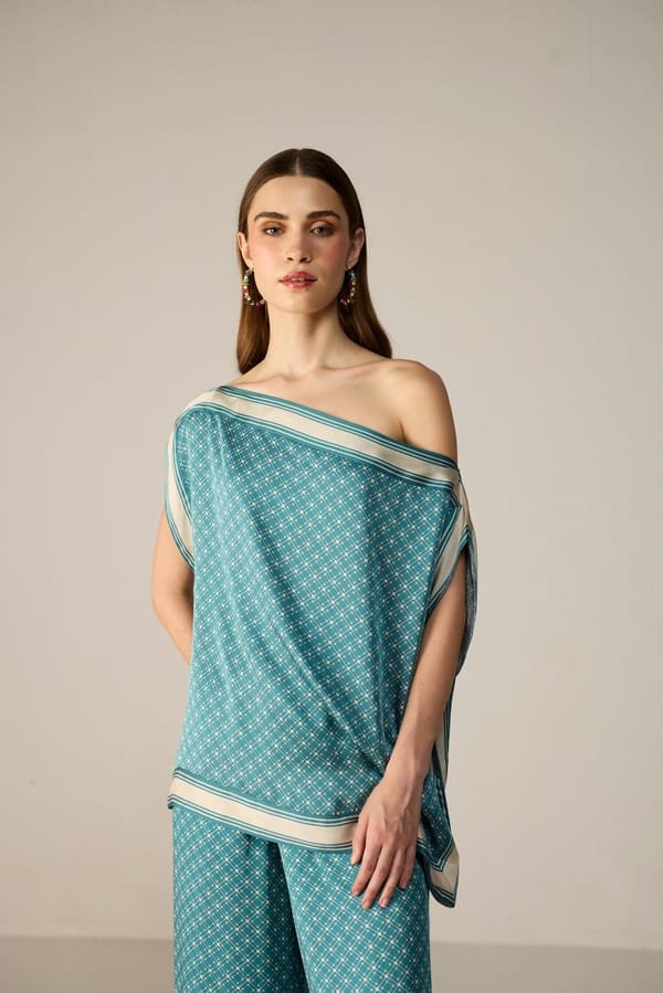 Teal Abstract Scarf-Style Draped Top — Calling June