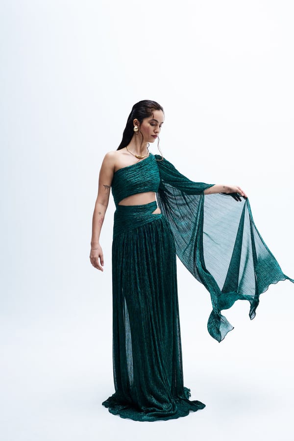 Green One-Shoulder Metallic Maxi Gown with Draped Sleeve — GKDedit
