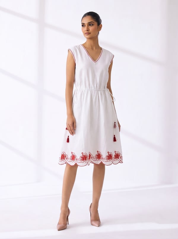 White Cotton Dobby V-Neck Midi Dress with Embroidered Hem — Pooja Aggarwal