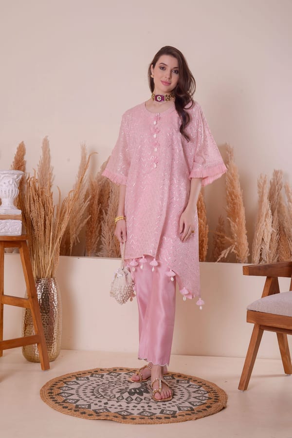 Soft Pink Kimono Kurta Set with Dhoti Pants — SURABHI ARYA
