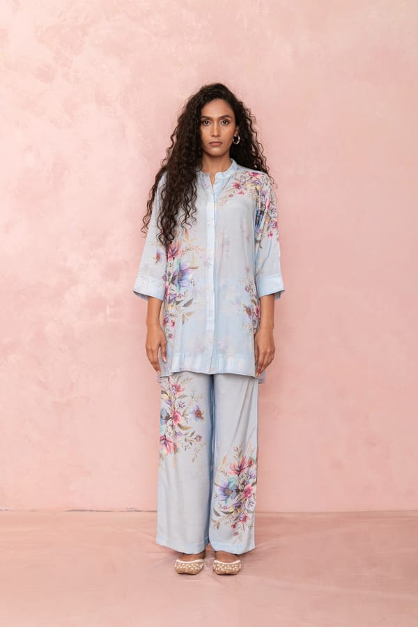 Blue Bemberg Muslin Floral Co-ord Set with Oversized Shirt — LABEL NAARITI