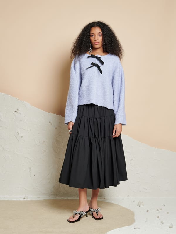 Blue Textured Knit Pullover Sweater with Bow Detail — SISTER JANE
