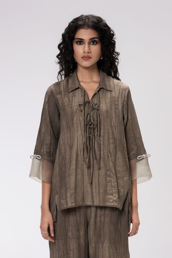 Coffee Brown Textured Collared Tie-Up Top — KOR