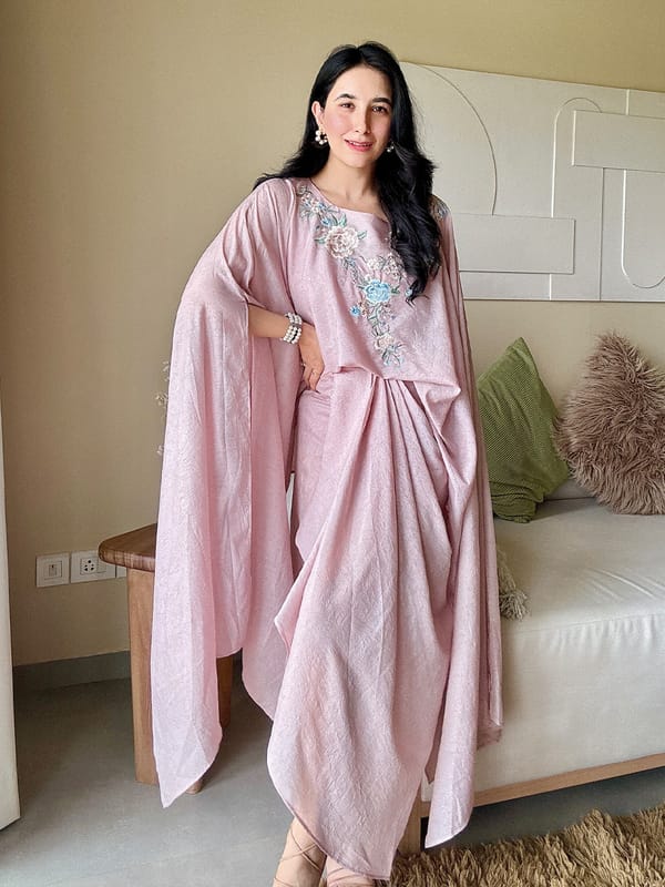 Blush Pink Crush Satin Metallic Drape Midi Skirt — HOUSE OF FETT
