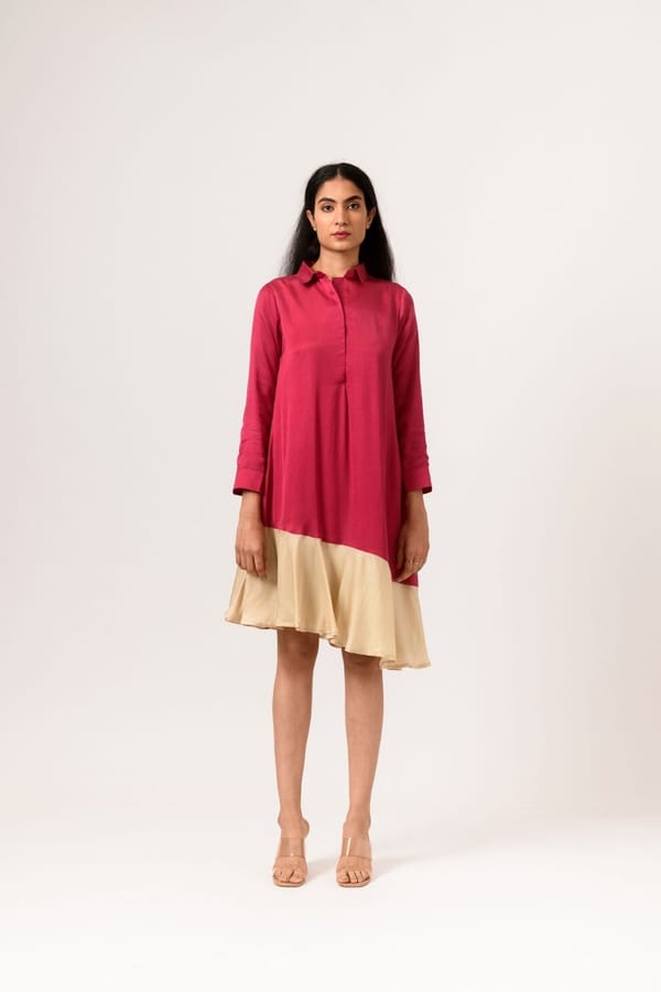 Wine and Ecru Asymmetrical Colorblock Shirt Dress — Neora