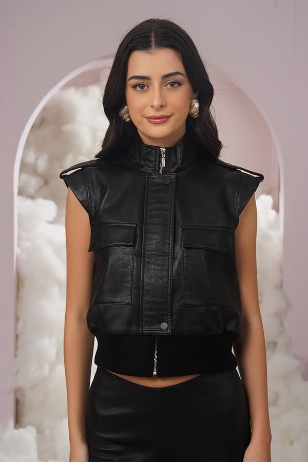 Black Faux Leather Sleeveless Cropped Zip Jacket — Chöjé