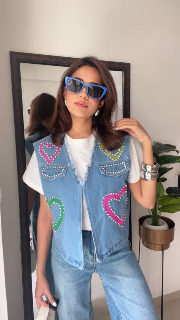 Multi Color Studded Heart Denim Gilet — CLOSET AFFAIR