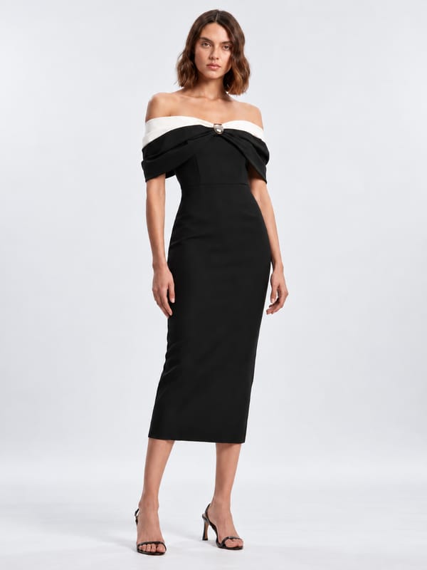Mono Bardot Contrast Neckline Midi Dress — KAREN MILLEN