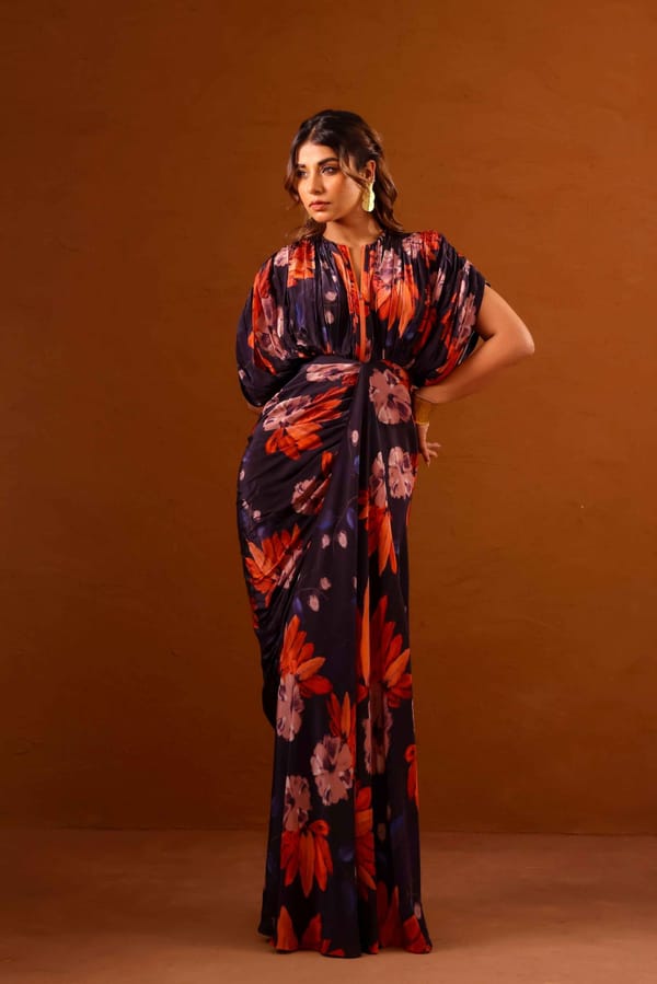 Multicolor Floral Georgette Satin Maxi Gown with Front Zipper — STUDIO SURBHI