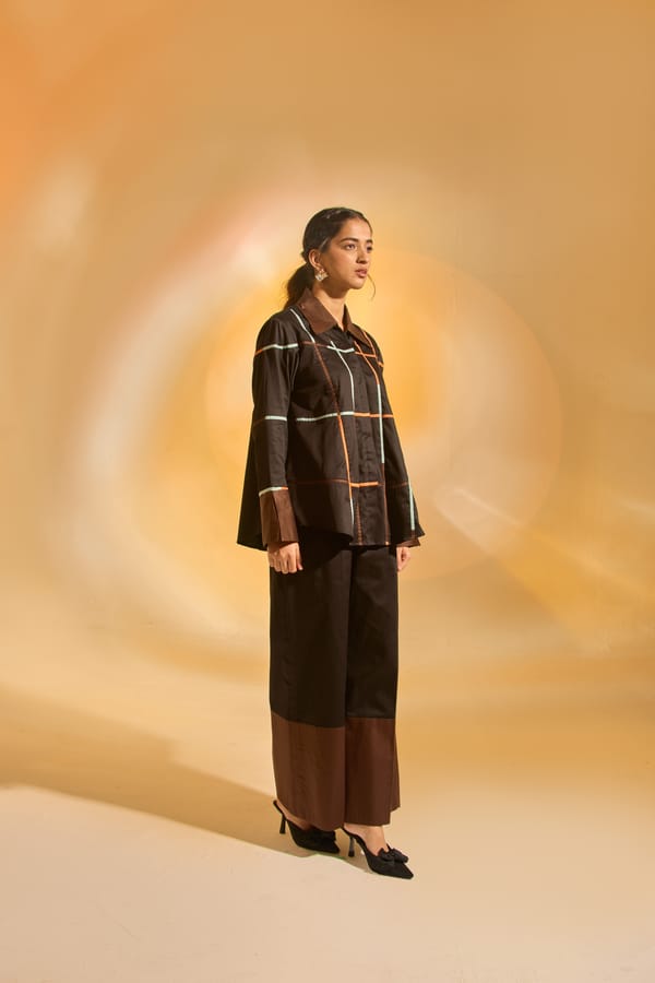 Black Cotton Satin Shirt and Straight Pants Co-ord Set — An'era by Asmita Verma