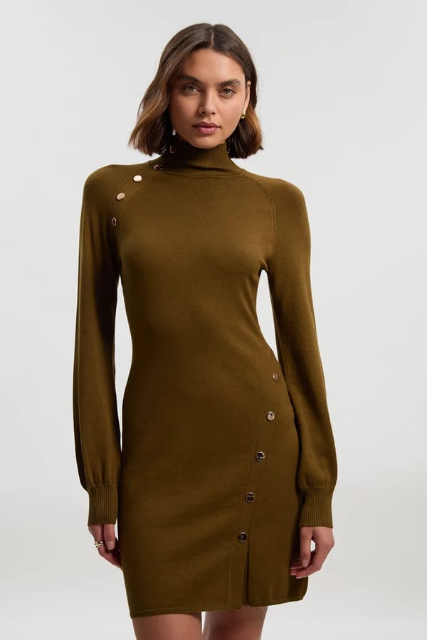 Olive Bodycon Turtleneck Mini Dress with Button Detail — KAREN MILLEN
