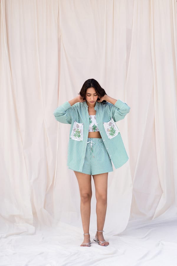 Green Striped 3-Piece Shirt, Crop Top and Shorts Co-ord — Urban Suburban