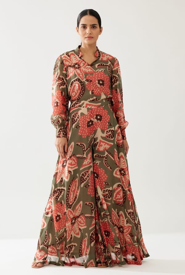 Green Beige And Pink Floral Pants — KoAi