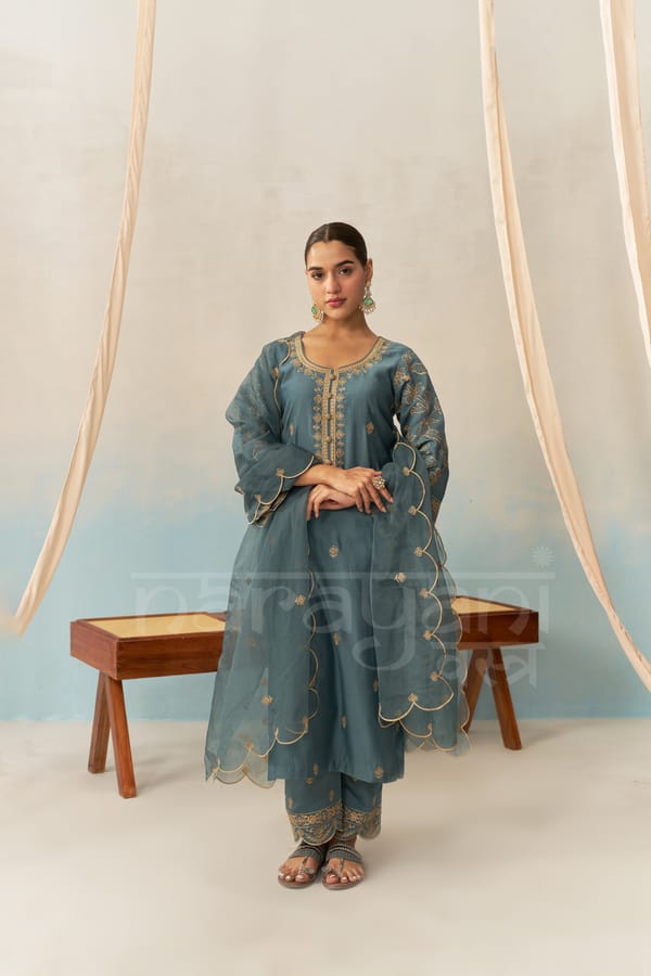 FARHIA - Teal Blue Chanderi Suit Set — NARAYANI VASTRA