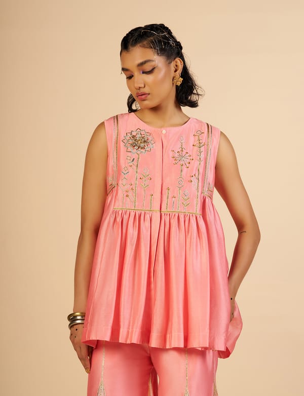 Pink Silk Chanderi Kedia Top with Gota and Sequin Yoke — Gulabo by Abu Sandeep